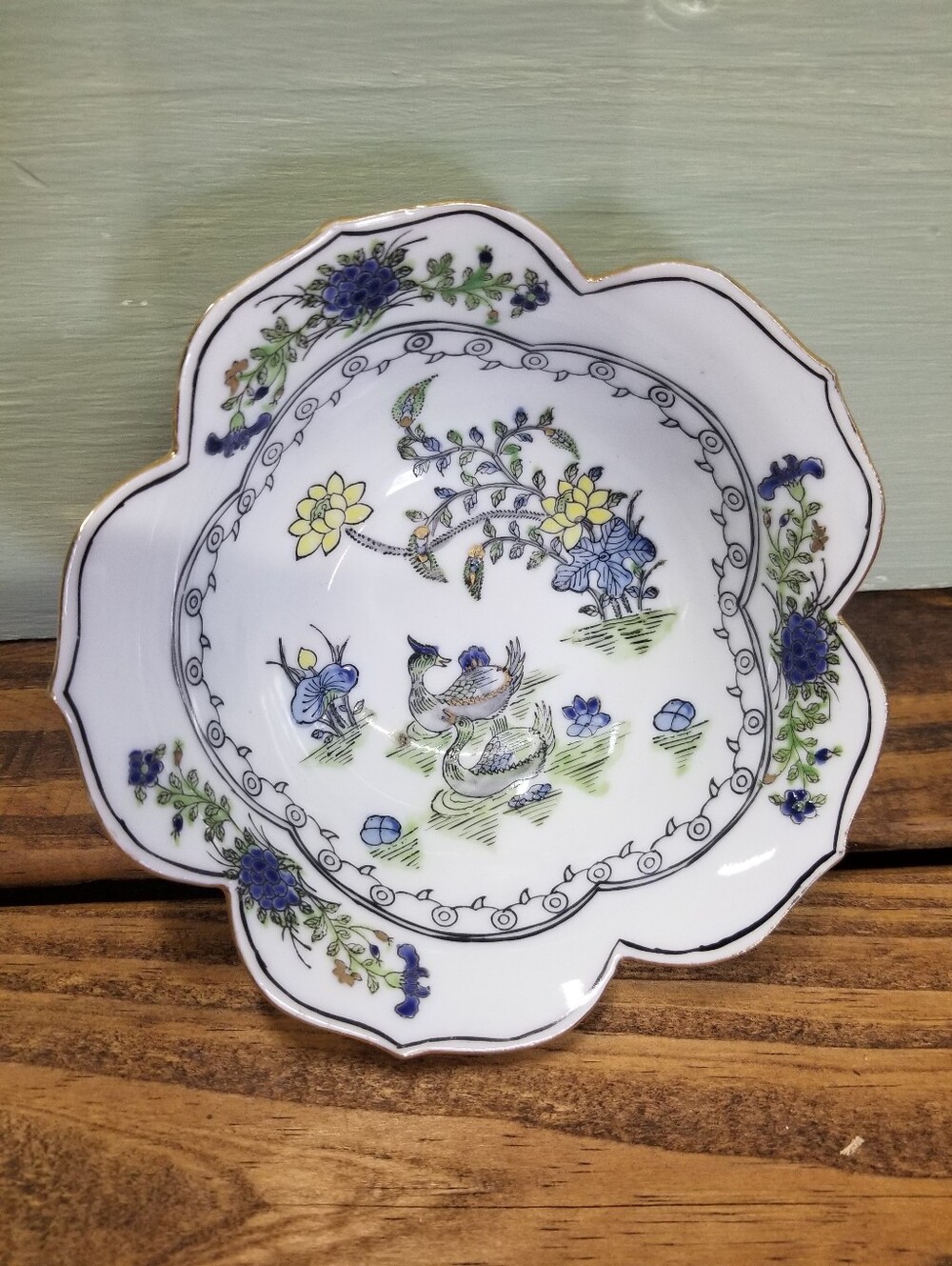 Vintage Japanese Lotus Peacock Ceramic Bowl Gold Trim